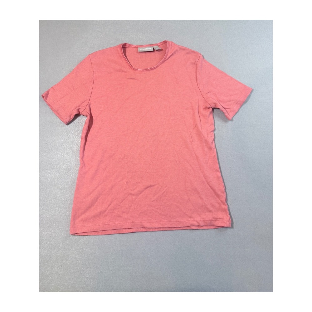 Nordstrom Women Coral Pink Rib Knit Short Sleeve Crew Neck Tee Shirt WN37125 S